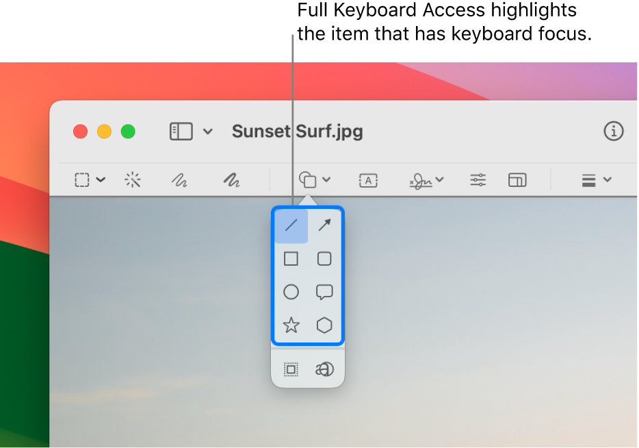 The Quick Look window with the Markup toolbar shown. The Shapes tool is expanded to show the options. Full Keyboard Access has outlined the tool that has focus and the group that contains it.
