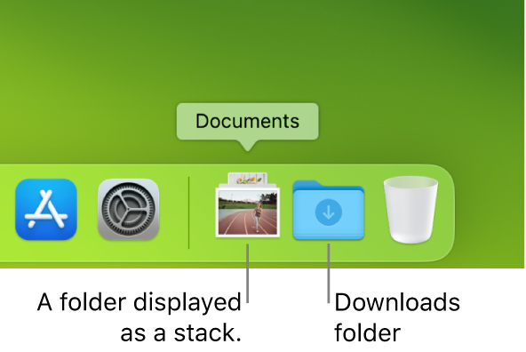 The right end of the Dock showing a folder that’s displayed as a stack and the Downloads folder displayed as a folder.