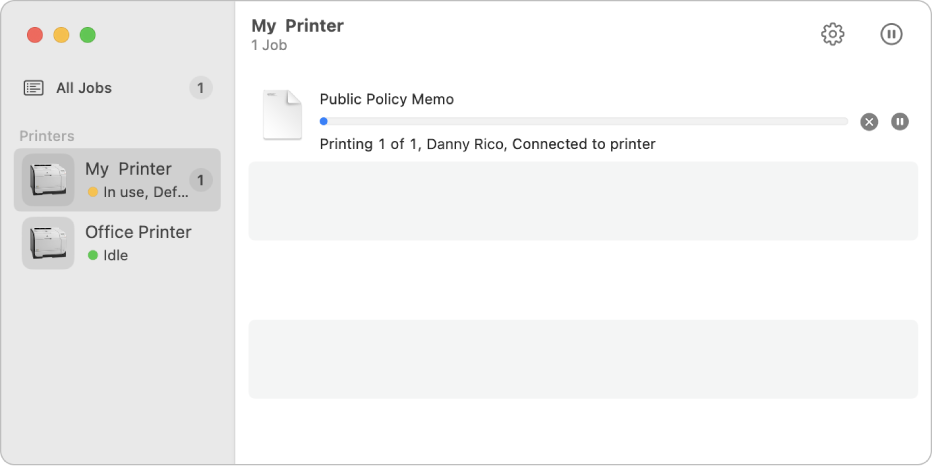 Print Center window showing two printers in the sidebar and a print job printing.