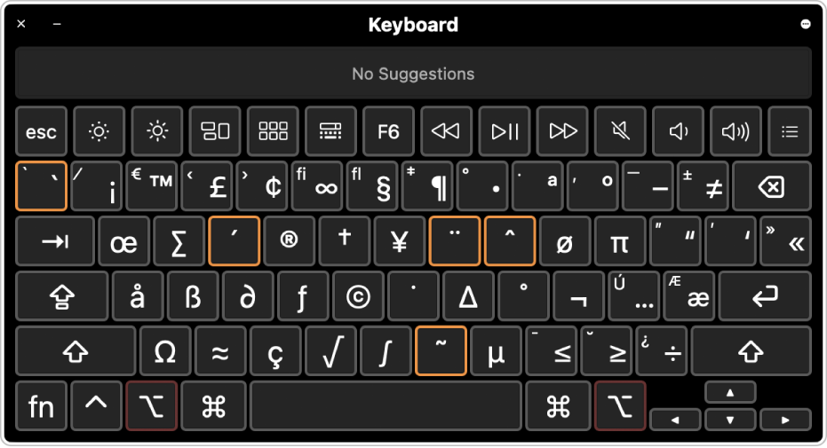 The Keyboard Viewer with the ABC layout, showing five highlighted dead keys.