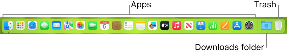 The Dock showing icons for apps, the Downloads stack, and the Trash.