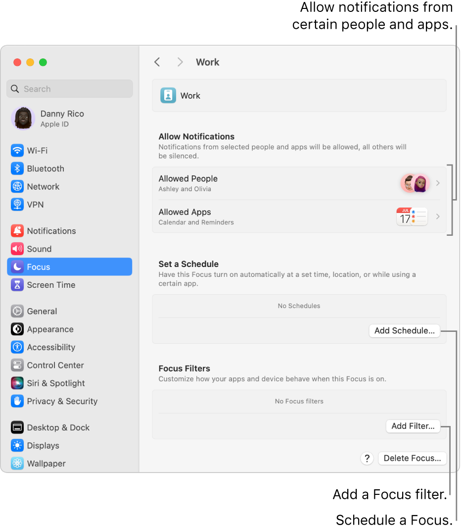 Focus settings showing settings for the Work Focus. At the top is the list of people and apps whose notifications are allowed when the Work Focus is active.