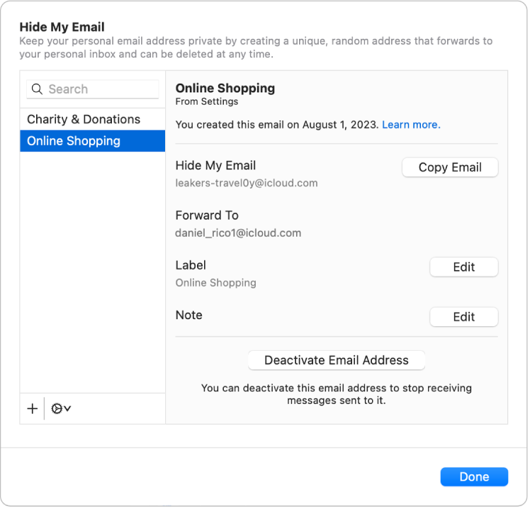 Options for managing email addresses created with Hide My Email.