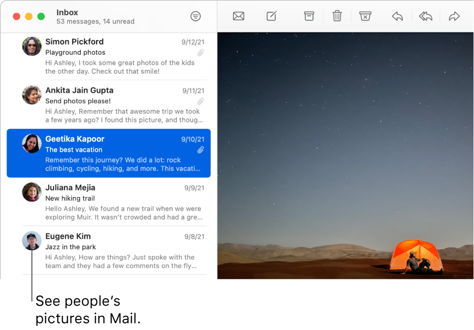 The Mail window showing the messages list with senders’ pictures next to their names.