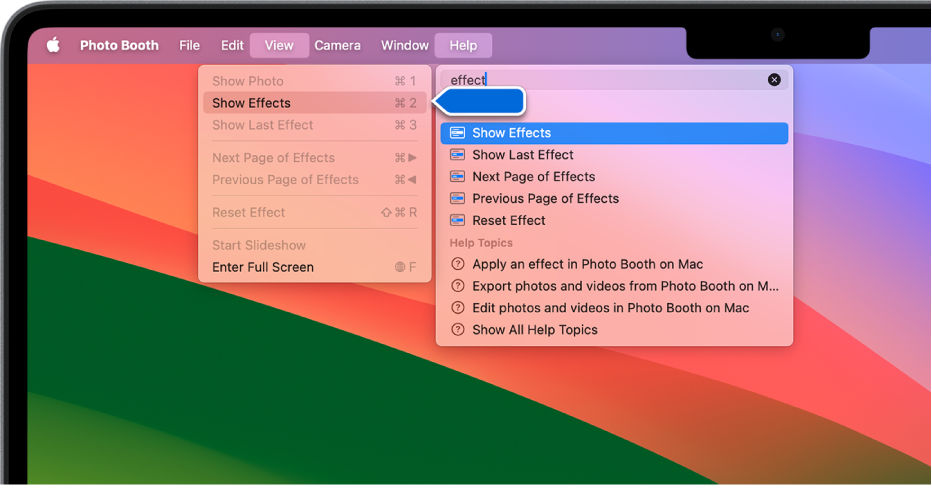 The Photo Booth Help menu with a search result for a menu item selected and an arrow pointing to the item in the app menus.