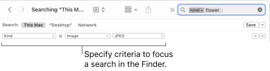 A Finder window with fields to specify search criteria.