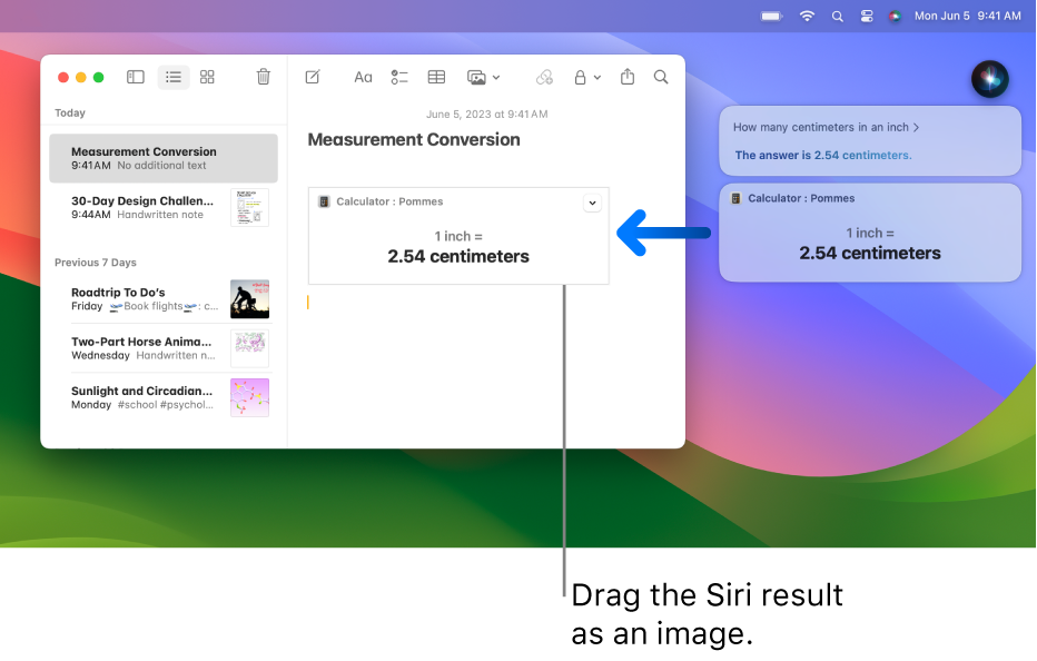 The top-right portion of the Mac desktop showing the Siri icon in the menu bar and the Siri window with the request “How many centimeters in an inch” and the reply (the conversion from Calculator). The Notes app is open and an arrow indicates you can drag the Siri result into the note as an image.