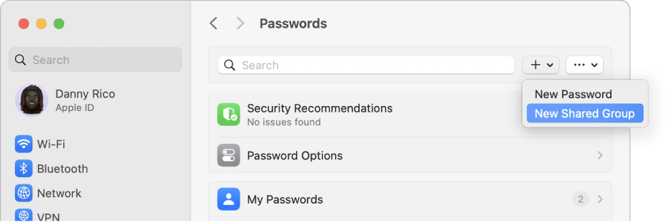 The Passwords settings window, with the pop-up menu at the top of the window showing New Shared Group.