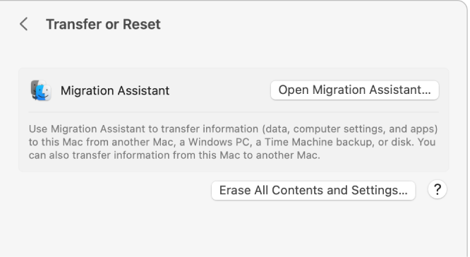 Transfer or Reset settings showing Open Migration Assistant button and Erase All Contents and Settings button.