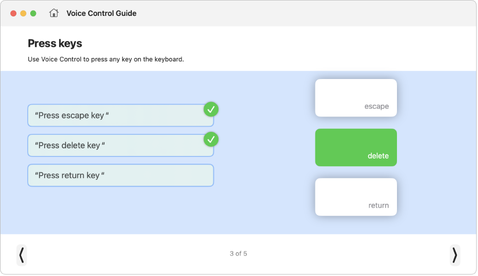 The Voice Control Guide with an interactive lesson about using Voice Control to press keys on the keyboard.