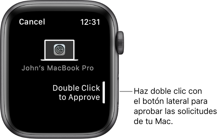 Apple Watch mostrando una solicitud de aprobación de una MacBook Pro.