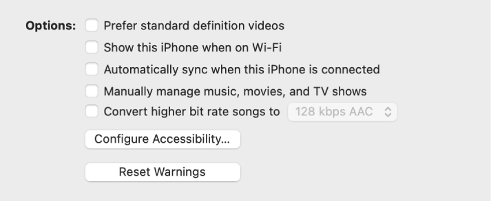 Las opciones de sincronización se muestran en una lista de casillas que incluye: Preferir definiciones de video estándar y Convertir las canciones con una velocidad de bits mayor a.