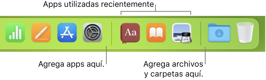 Una parte del Dock mostrando las líneas de separación entre apps, apps usadas recientemente, archivos y carpetas.