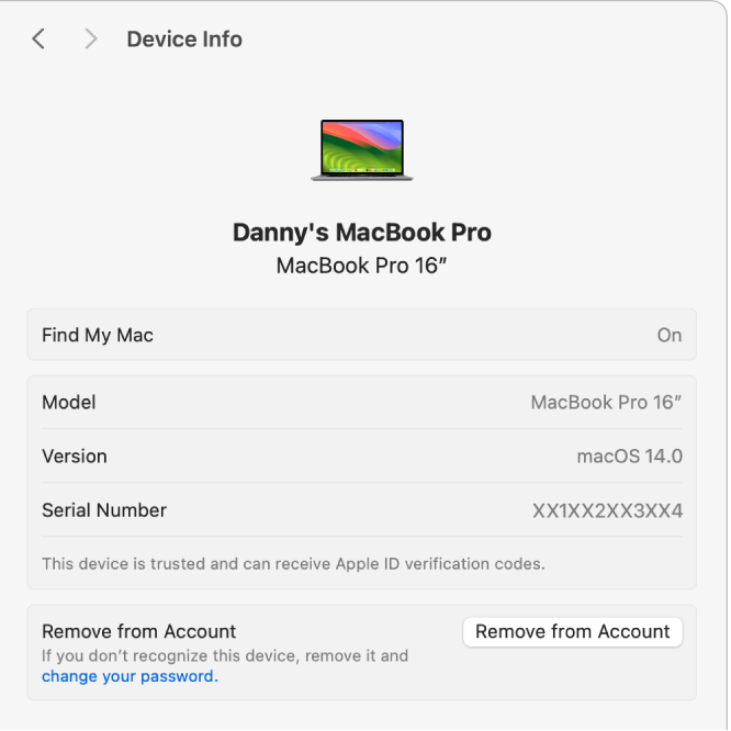 La configuración de Apple ID mostrando los detalles de un dispositivo de confianza para una cuenta existente.