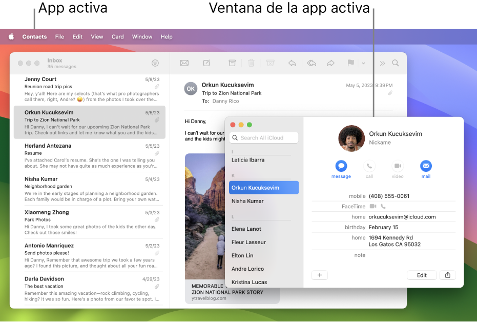 Un ejemplo de un escritorio con varias ventanas abiertas, pero sólo una app activa.