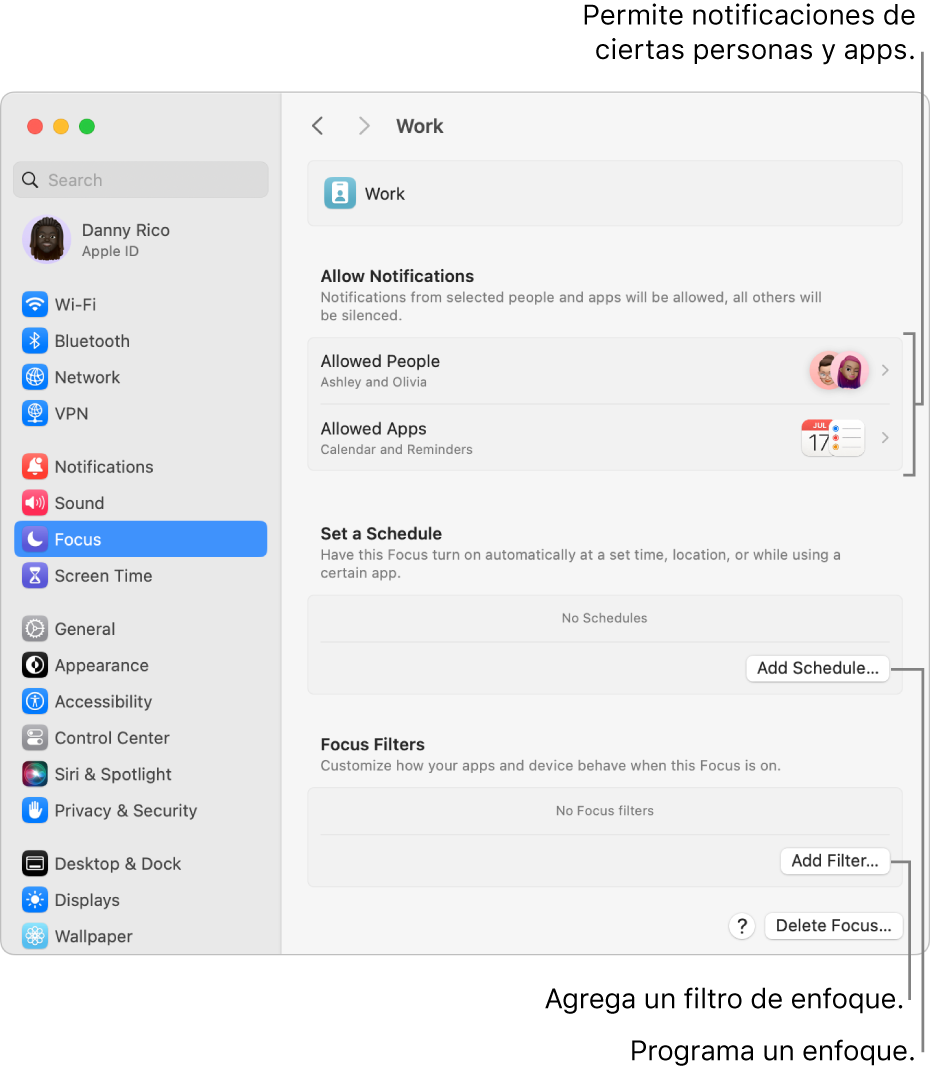 La configuración de Enfoque mostrando la configuración para el enfoque Trabajo. En la parte superior está la lista de las personas y apps cuyas notificaciones están permitidas cuando el enfoque Trabajo está activo.