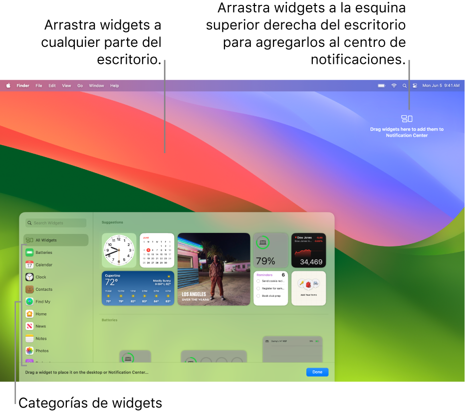 La galería de widgets mostrando la lista de categorías de widgets a la izquierda y widgets disponibles a la derecha.