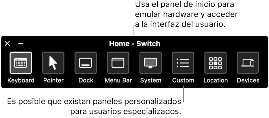El panel Inicio de Control por botón que incluye, de izquierda a derecha, botones para controlar el teclado, el puntero, el Dock, la barra de menús, los controles del sistema, los paneles personalizados, la ubicación de la pantalla y otros dispositivos.