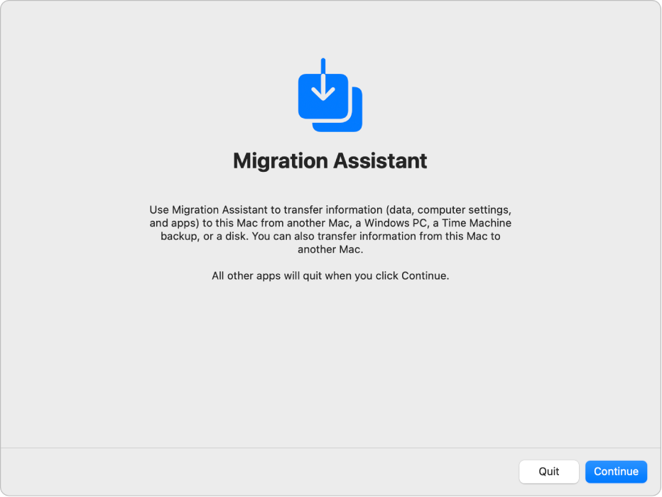 Una ventana mostrando la app de Asistente de Migración.