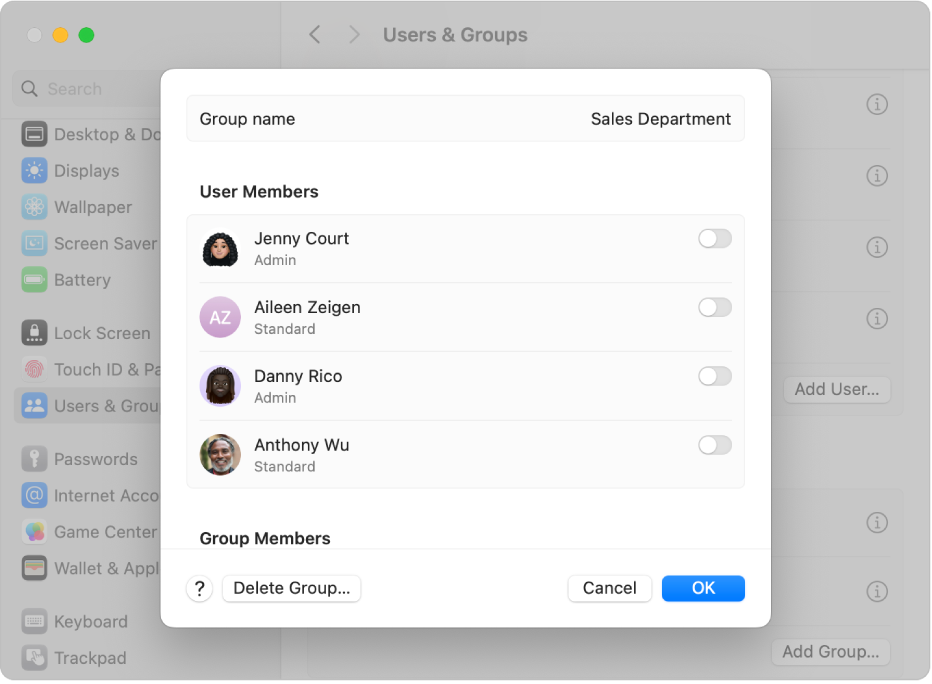 Opciones para un grupo en el pan del configuración Usuarios y grupos. A la derecha de cada usuario hay la opción de incluir o excluir al usuario del grupo. En el área inferior están los botones Ayuda, Eliminar grupo, Cancelar y OK.