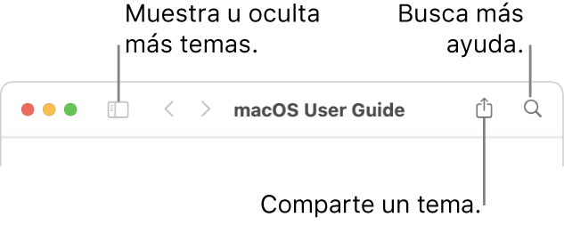 Una ventana de ayuda mostrando en la barra de herramientas los botones para ocultar o mostrar la tabla de contenido y compartir un tema, y el campo de búsqueda para buscar temas.