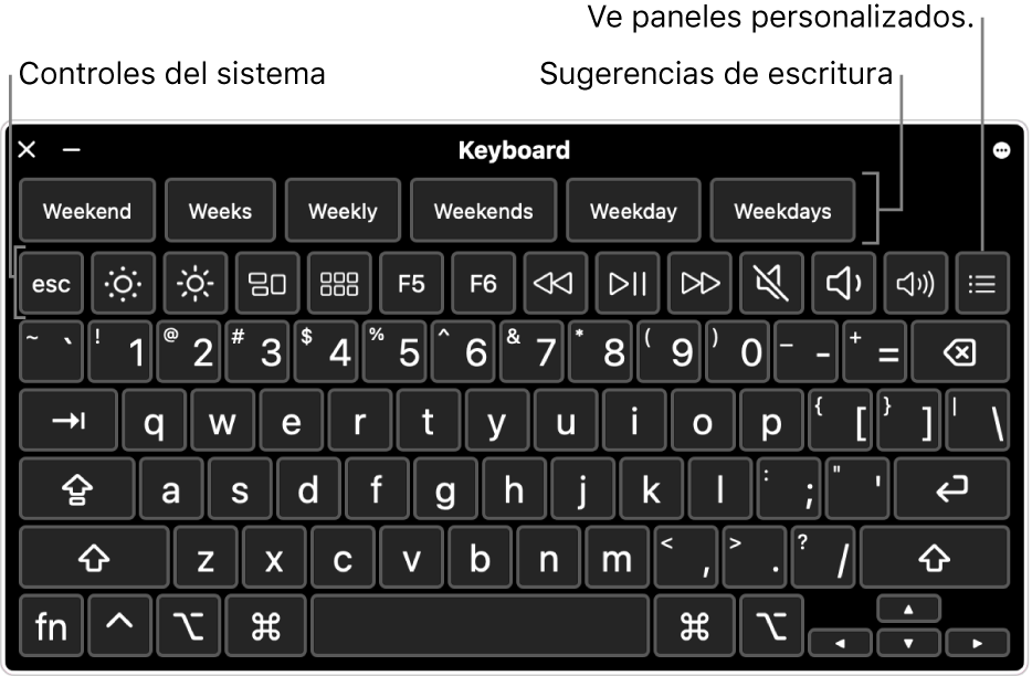 El teclado de Accesibilidad con sugerencias de escritura en la parte superior. Abajo se presenta una fila de botones para que los controles del sistema lleven a cabo acciones como ajustar el brillo de la pantalla y mostrar paneles personalizados.