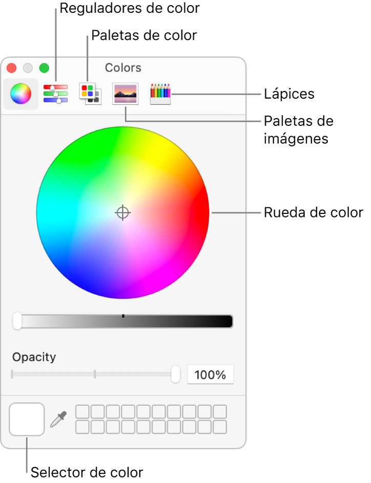 La ventana Colores. La barra de herramientas, que muestra los botones de los reguladores de color, las paletas de color, las paletas de imágenes y los lápices, se encuentra en la parte superior de la ventana. A mitad de ventana se encuentra la rueda de color. La paleta de colores está abajo a la izquierda.