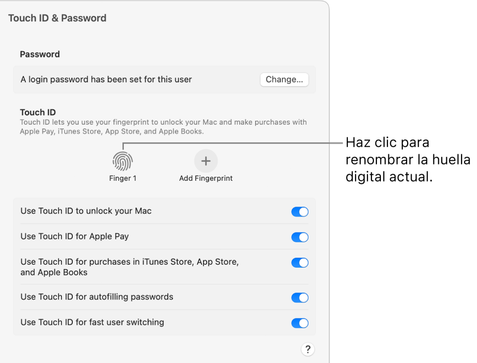 El panel de ajustes de “Touch ID y contraseña”, mostrando que ya está lista una huella dactilar y puede utilizarse para desbloquear el Mac.