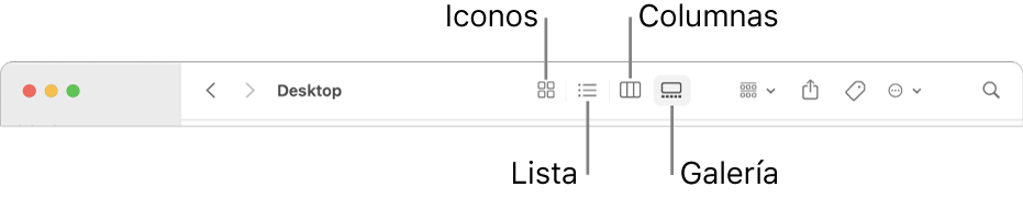 La barra de herramientas del Finder con los botones de las opciones de visualización de una carpeta.
