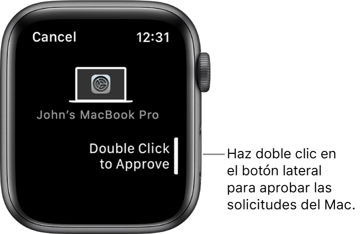 Apple Watch con una solicitud de aprobación de un MacBook Pro.