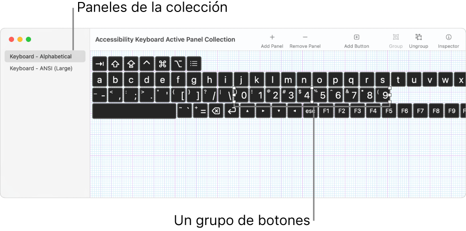 Una parte de una ventana de colección de paneles que a la izquierda muestra una lista de paneles de teclado y a la derecha botones y grupos de botones incluidos en un panel.