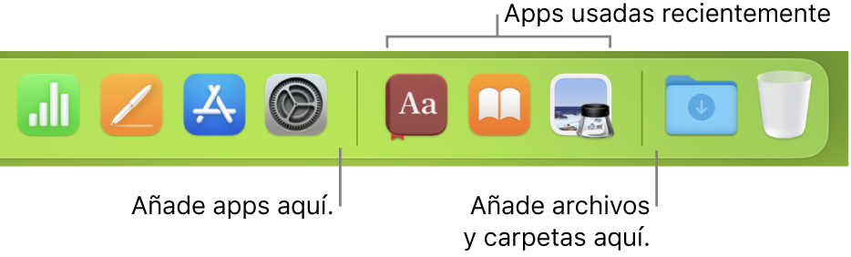 Una parte del Dock que muestra las líneas de separación entre apps, apps usadas recientemente, archivos y carpetas.