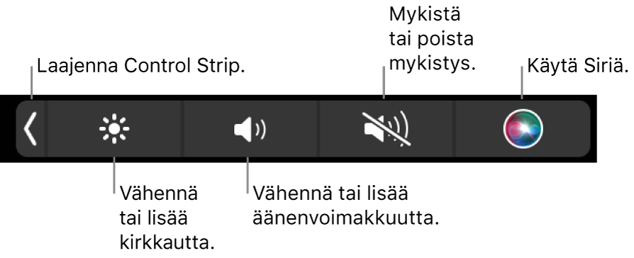 Pienennetyssä Control Stripissä on painikkeet, joilla voidaan (vasemmalta oikealle) laajentaa Control Strip, lisätä tai vähentää näytön kirkkautta ja äänenvoimakkuutta, mykistää tai poistaa mykistys sekä käyttää Siriä.
