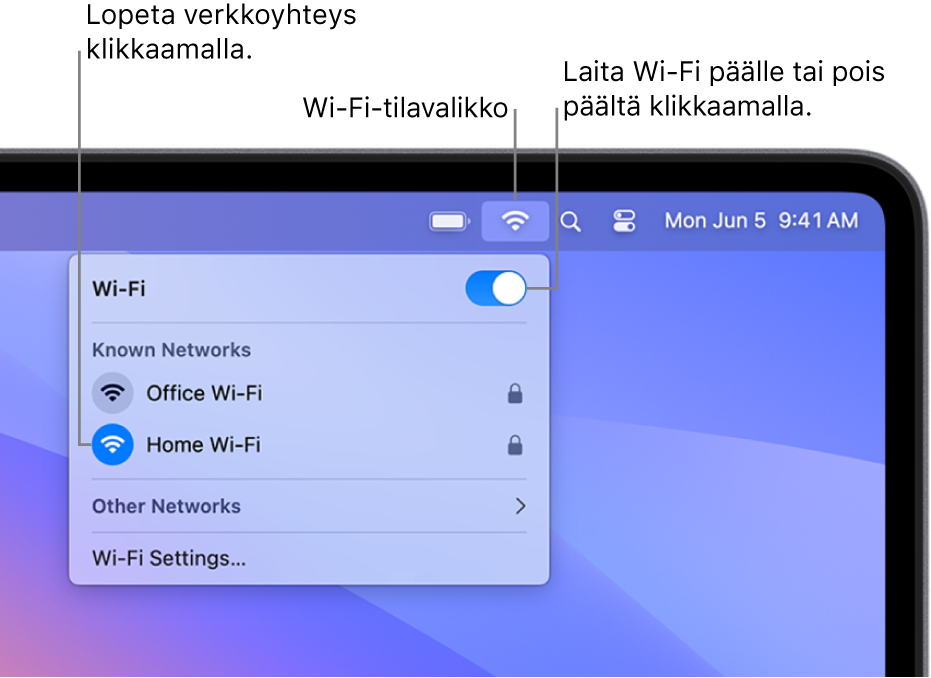 Wi-Fin tilavalikko, jossa näkyvät Wi-Fin päälle/pois päältä -painike, oma hotspot ja tunnettuja verkkoja.