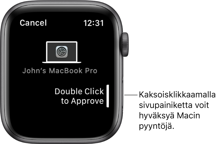 Apple Watchissa näkyy hyväksymispyyntö MacBook Prosta.