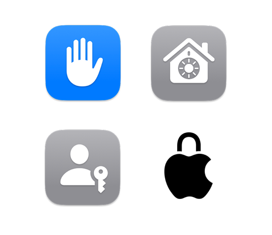 Quatre icônes : Confidentialité et sécurité, FileVault, Clés d’identification et Confidentialité chez Apple.