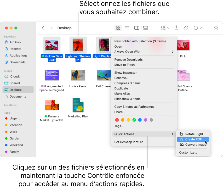 Une fenêtre du Finder contenant des fichiers et des dossiers, où trois fichiers sont sélectionnés, et Créer un PDF est surligné dans le menu Actions rapides.