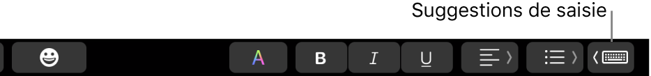 Touch Bar, avec le bouton permettant d’afficher des suggestions de saisie à l’extrémité droite.