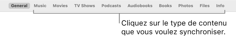 La barre de boutons qui affiche le bouton Général et des boutons pour les types de contenus (musique, films, émissions de télévision, etc.).