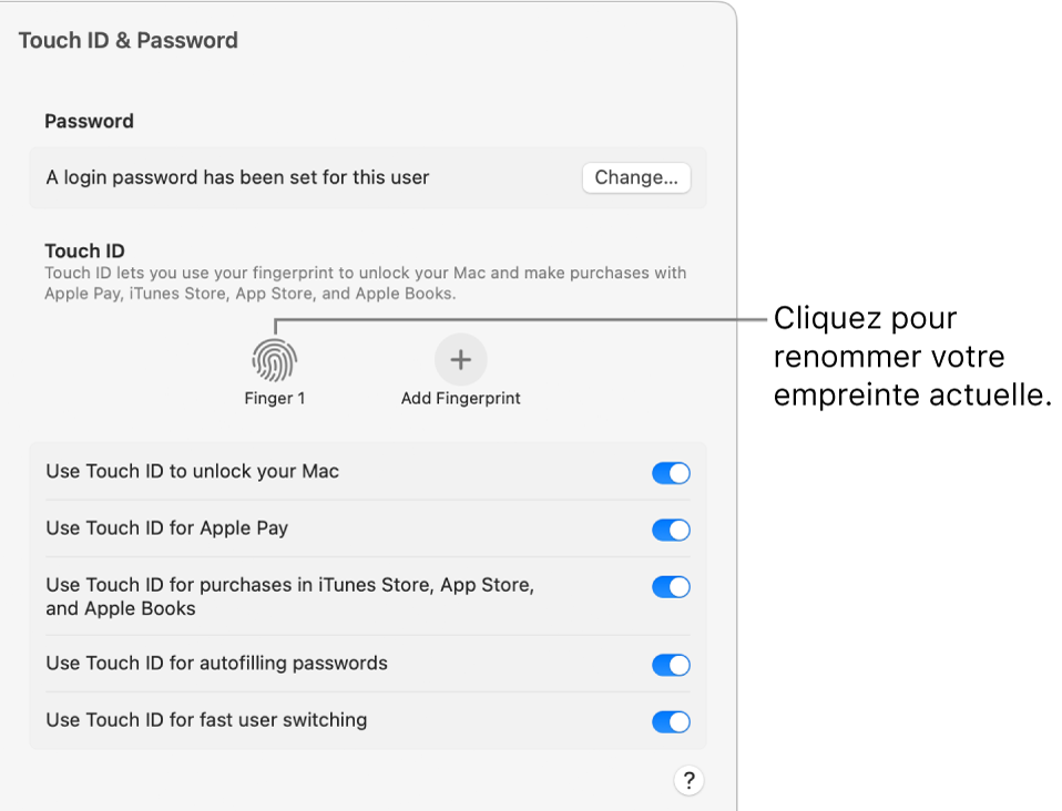 Les réglages de Touch ID et mot de passe qui indiquent qu’une empreinte est prête à être utilisée pour déverrouiller le Mac.