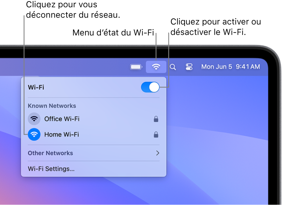 Le menu d’état Wi-Fi affichant le bouton permettant dʼactiver et de désactiver le Wi-Fi, un partage de connexion et des réseaux connus.