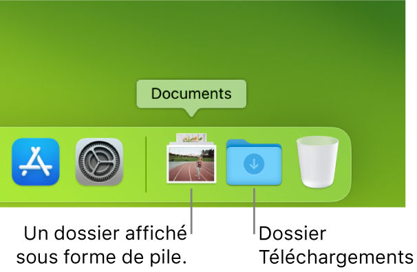 L’extrémité droite du Dock affichant un dossier affiché sous forme d’une pile et le dossier Téléchargements affiché sous forme de dossier.