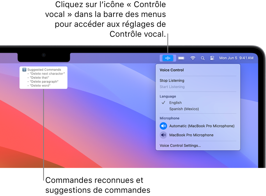 La fenêtre d’écho du contrôle vocal avec des commandes de texte suggérées, comme « Supprimer ça » ou « Cliquer sur Supprimer » affichées au-dessus.