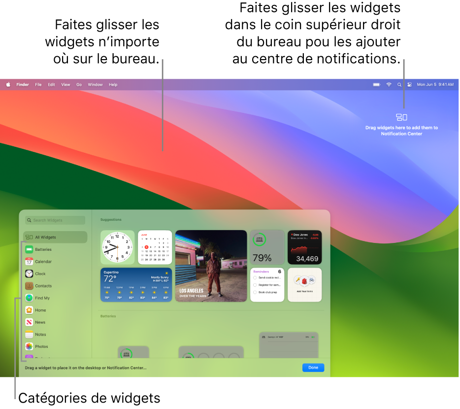 La galerie des widgets, affichant la liste des catégories de widgets à gauche et les widgets disponibles à droite.