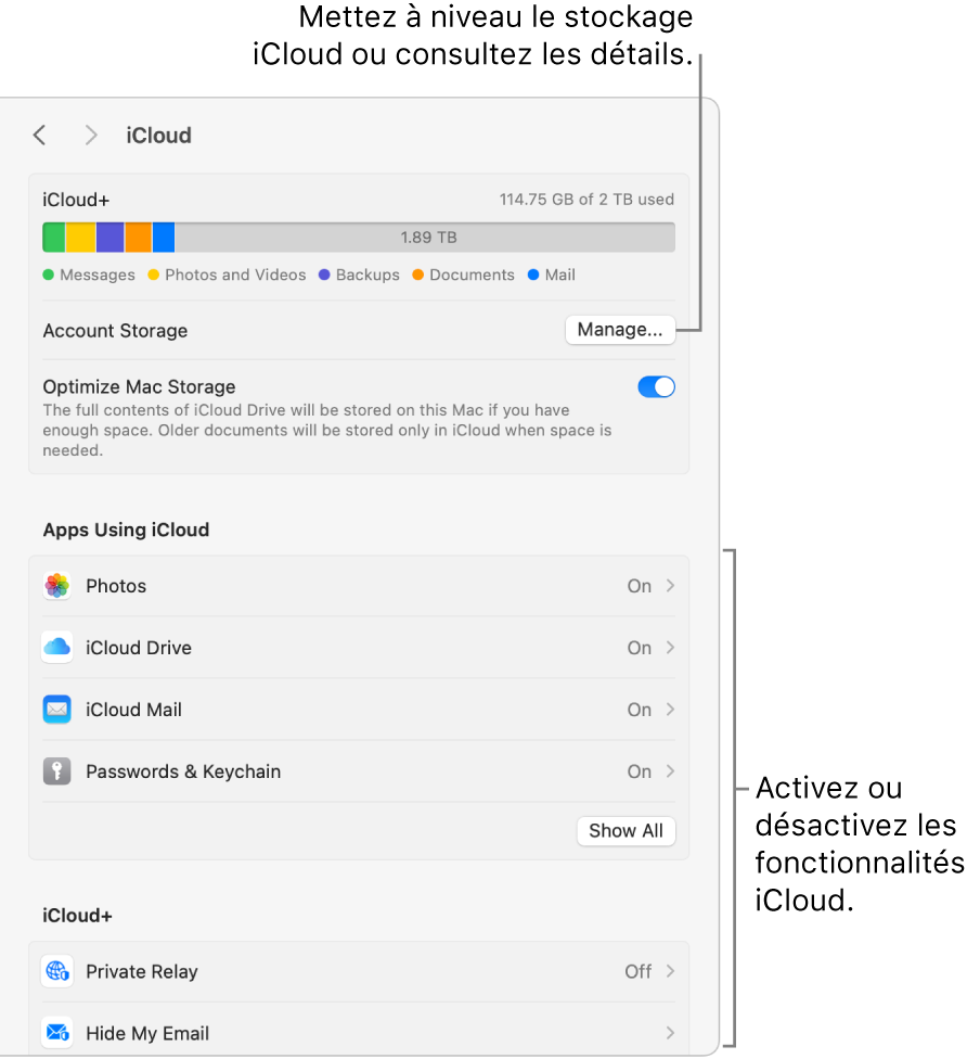 Réglages iCloud avec toutes les fonctionnalités activées.