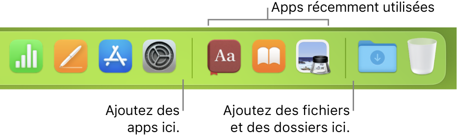 Une partie du Dock affichant les lignes séparant les apps, les apps récemment utilisées, et les fichiers et dossiers.