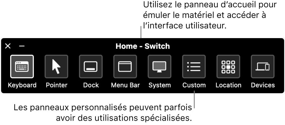 Le panneau d’accueil de Contrôle de sélection qui contient, de gauche à droite, des boutons permettant de contrôler le clavier, le pointeur, le Dock, la barre des menus, les commandes système, les sous-fenêtres personnalisées, la position de l’écran ainsi que d’autres appareils.