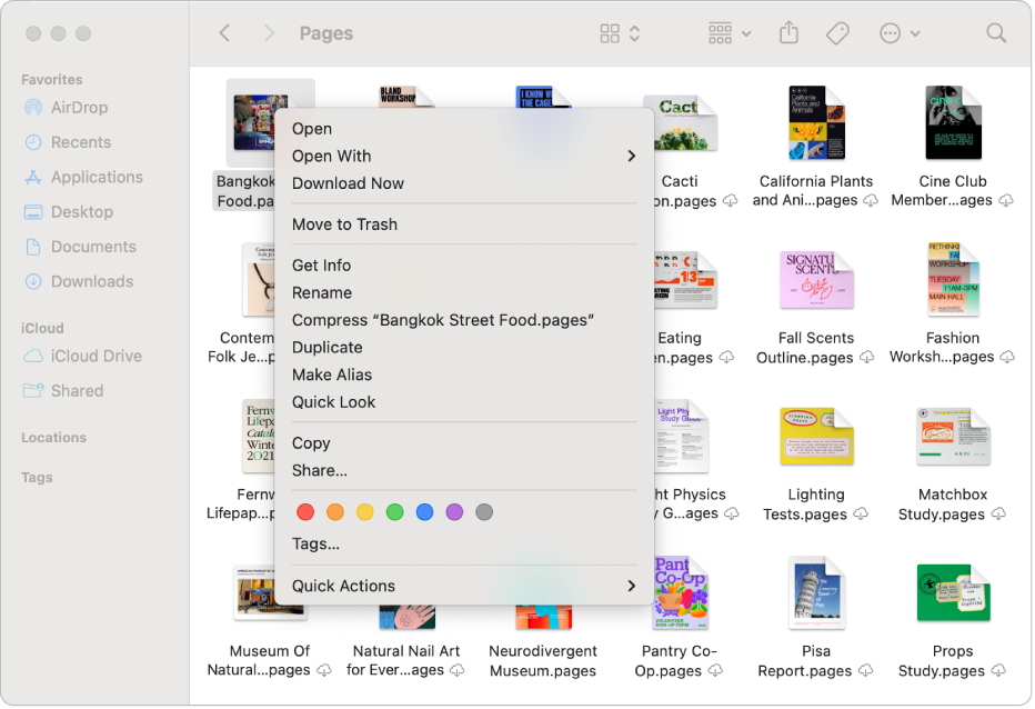 Une fenêtre du Finder affiche un menu contextuel pour un fichier sélectionné.
