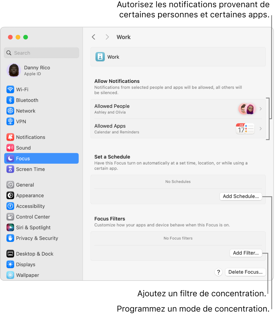 Réglages Concentration affichant les réglages du mode de concentration Travail. En haut se trouve la liste des personnes et apps dont les notifications sont autorisées lorsque le mode de concentration Travail est actif.