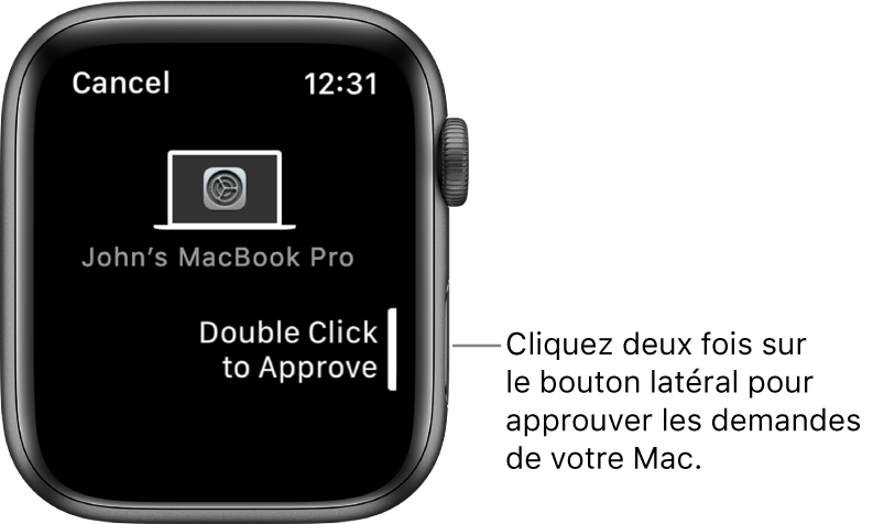 Apple Watch affichant une demande d’approbation d’un MacBook Pro.